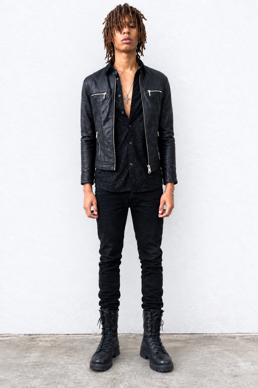 Massiah King Lane straight-on full-body modeling pose in black